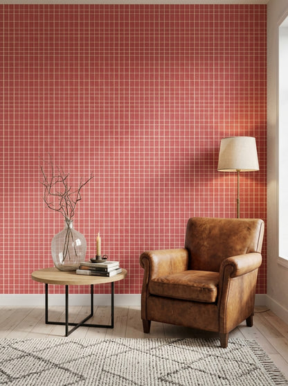 Red Grid Wallpaper Small Check Windowpane Pattern Woven Linen Texture