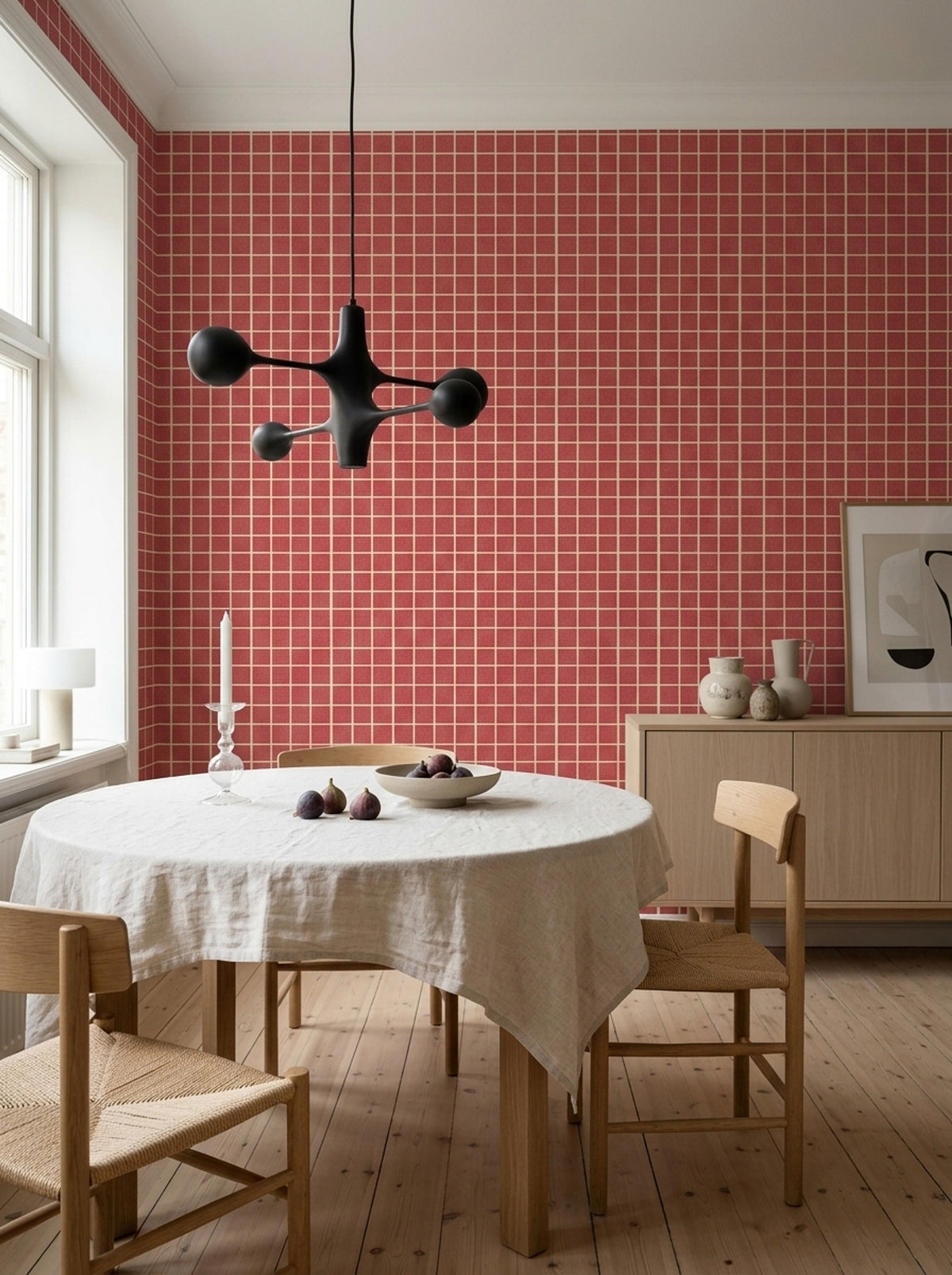 Red Grid Wallpaper Small Check Windowpane Pattern Woven Linen Texture