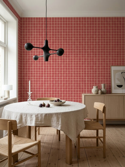 Red Grid Wallpaper Small Check Windowpane Pattern Woven Linen Texture