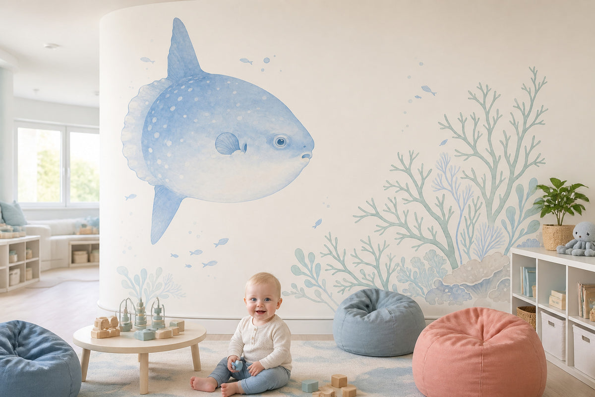 Ocean Sunfish Wall Mural Blue Underwater Coral Kids Room Decor