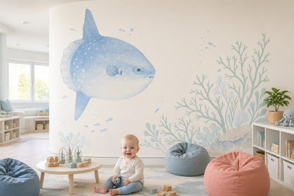 Ocean Sunfish Wall Mural Blue Underwater Coral Kids Room Decor