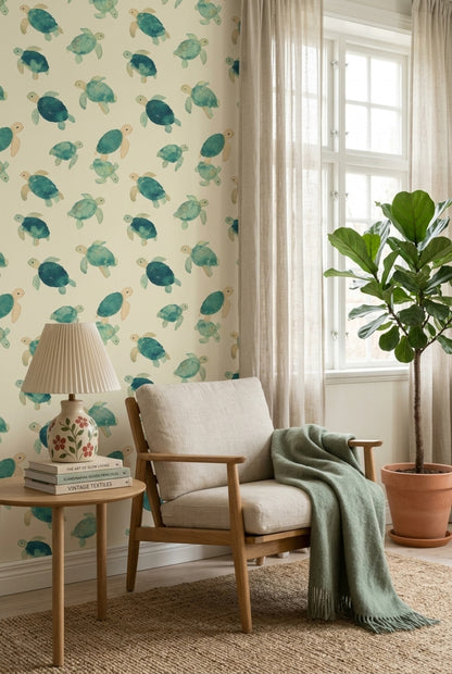 Sea Turtle Wallpaper Watercolor Ocean Animal Pattern Coastal Nursery Decor