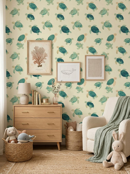 Sea Turtle Wallpaper Watercolor Ocean Animal Pattern Coastal Nursery Decor