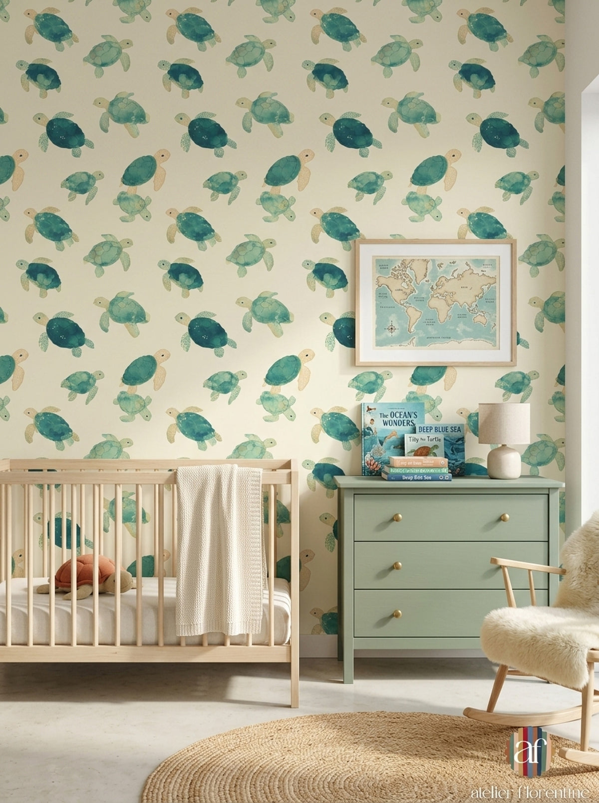 Sea Turtle Wallpaper Watercolor Ocean Animal Pattern Coastal Nursery Decor