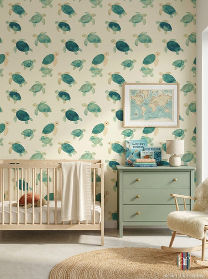 Sea Turtle Wallpaper Watercolor Ocean Animal Pattern Coastal Nursery Decor