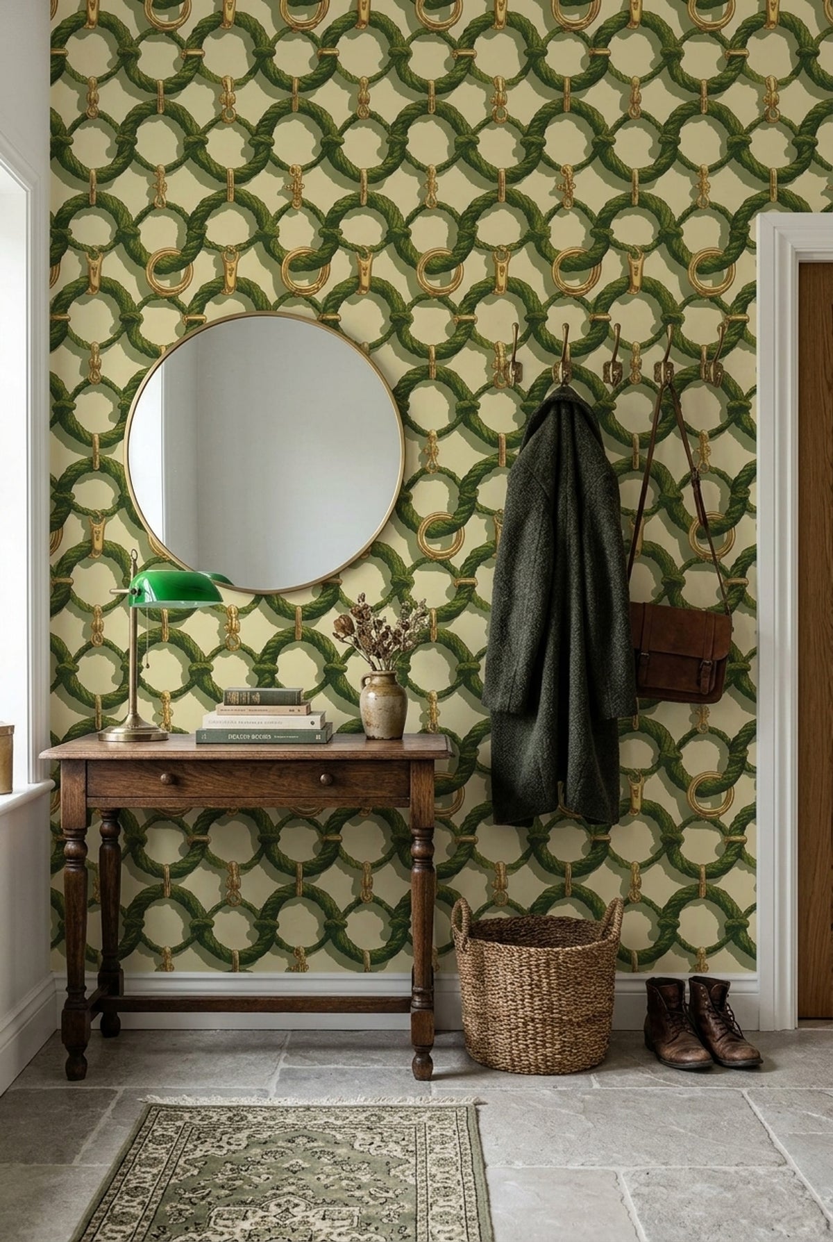 Green Rope Wallpaper Gold Chain Link Pattern