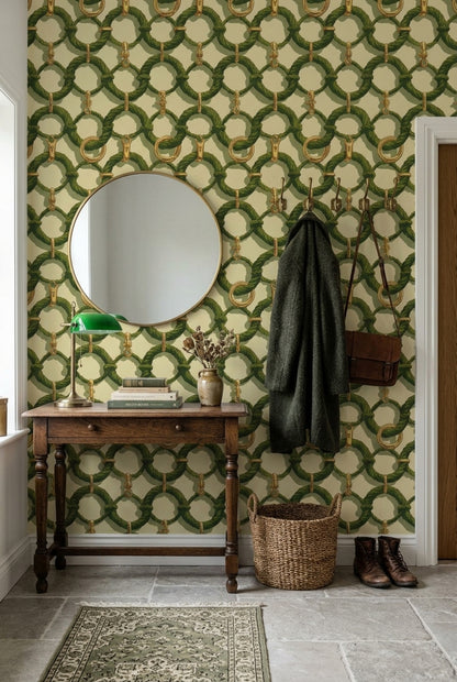 Green Rope Wallpaper Gold Chain Link Pattern
