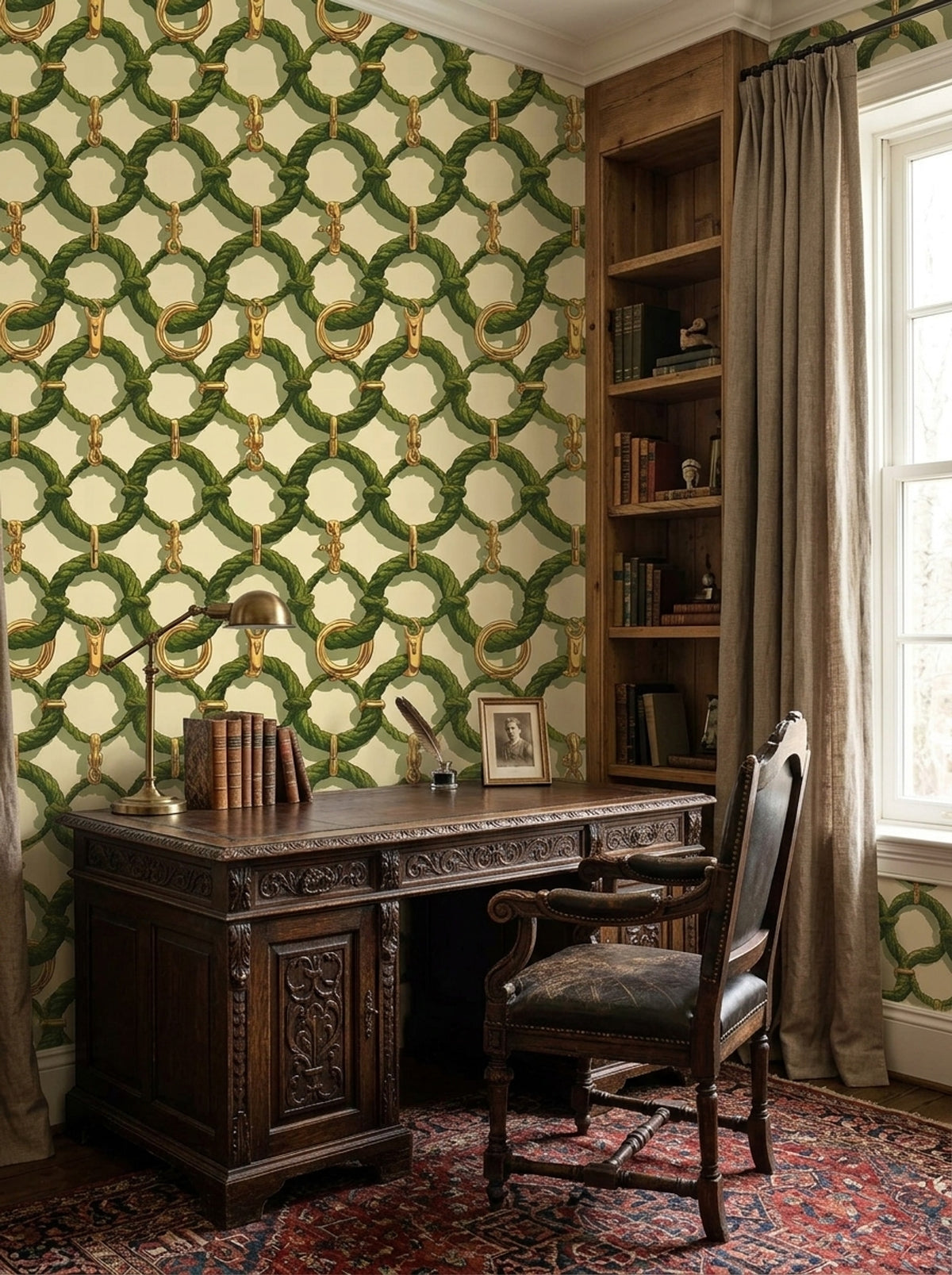 Green Rope Wallpaper Gold Chain Link Pattern
