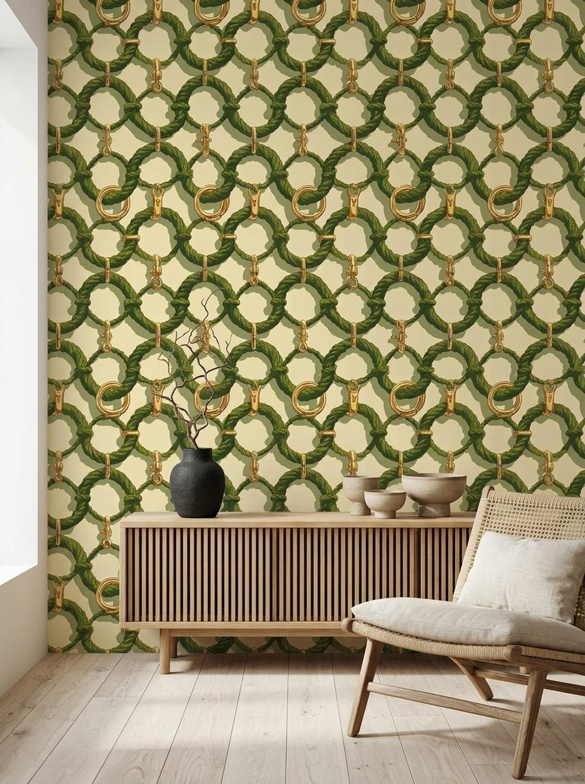 Green Rope Wallpaper Gold Chain Link Pattern