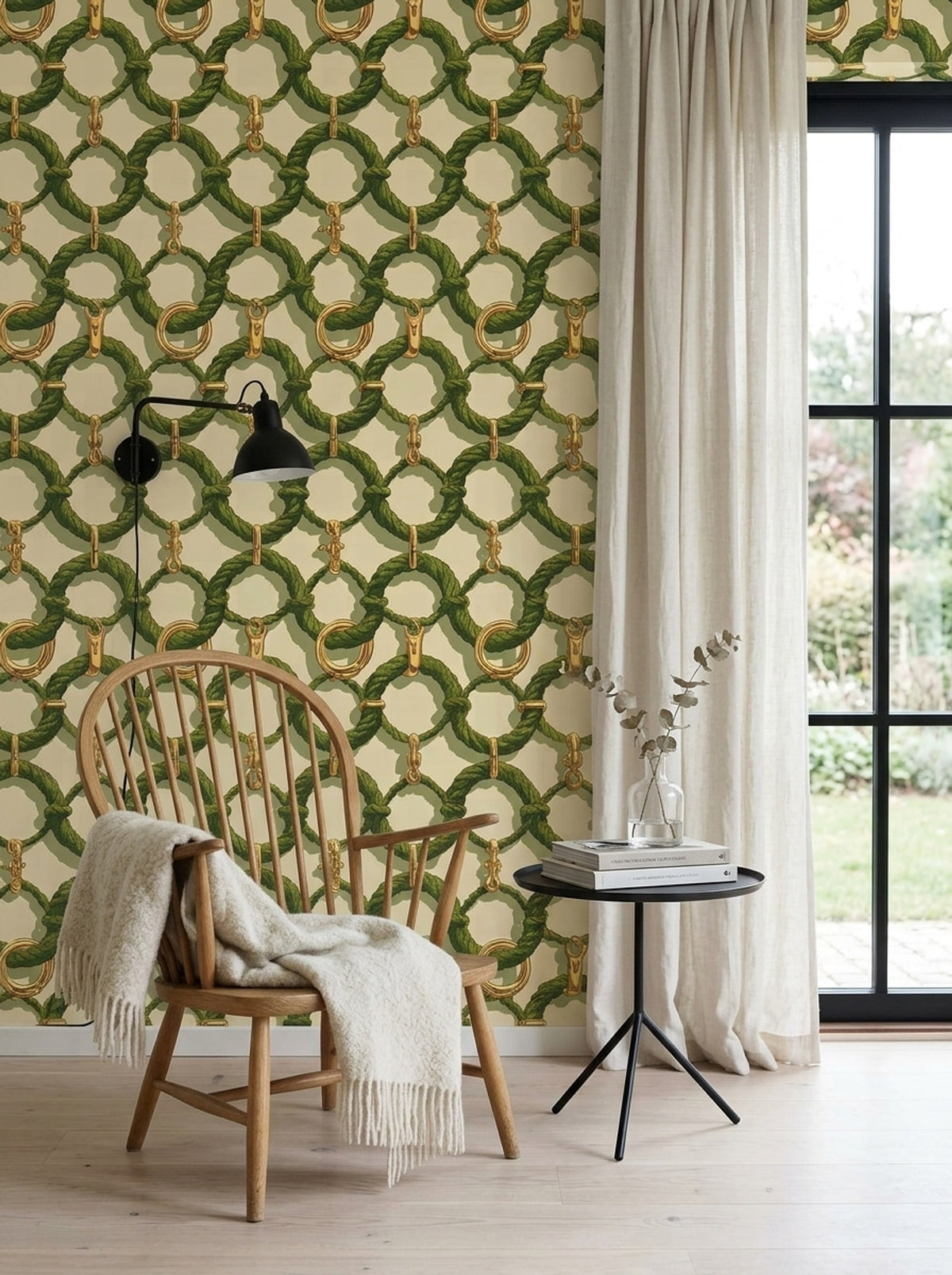 Green Rope Wallpaper Gold Chain Link Pattern