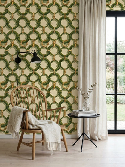 Green Rope Wallpaper Gold Chain Link Pattern