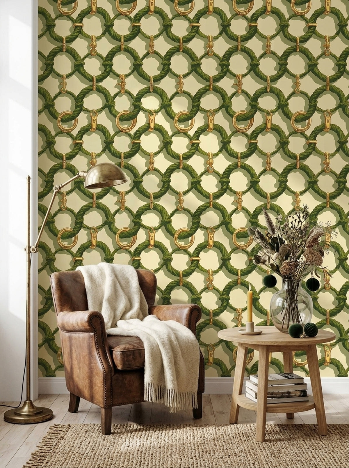 Green Rope Wallpaper Gold Chain Link Pattern