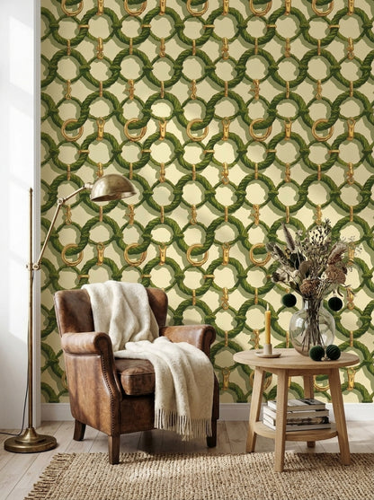 Green Rope Wallpaper Gold Chain Link Pattern