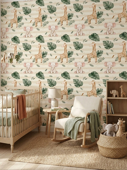 Giraffe Elephant Wallpaper Watercolor Jungle Pattern