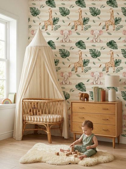 Giraffe Elephant Wallpaper Watercolor Jungle Pattern