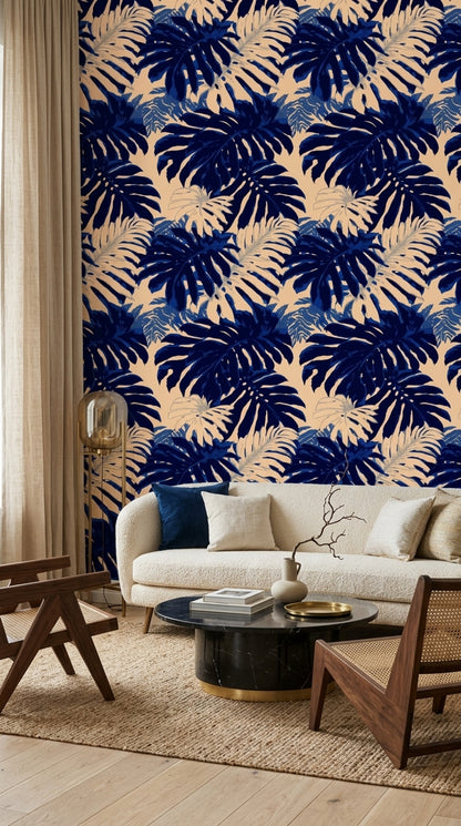 Navy Tropical Wallpaper Monstera Leaf Pattern