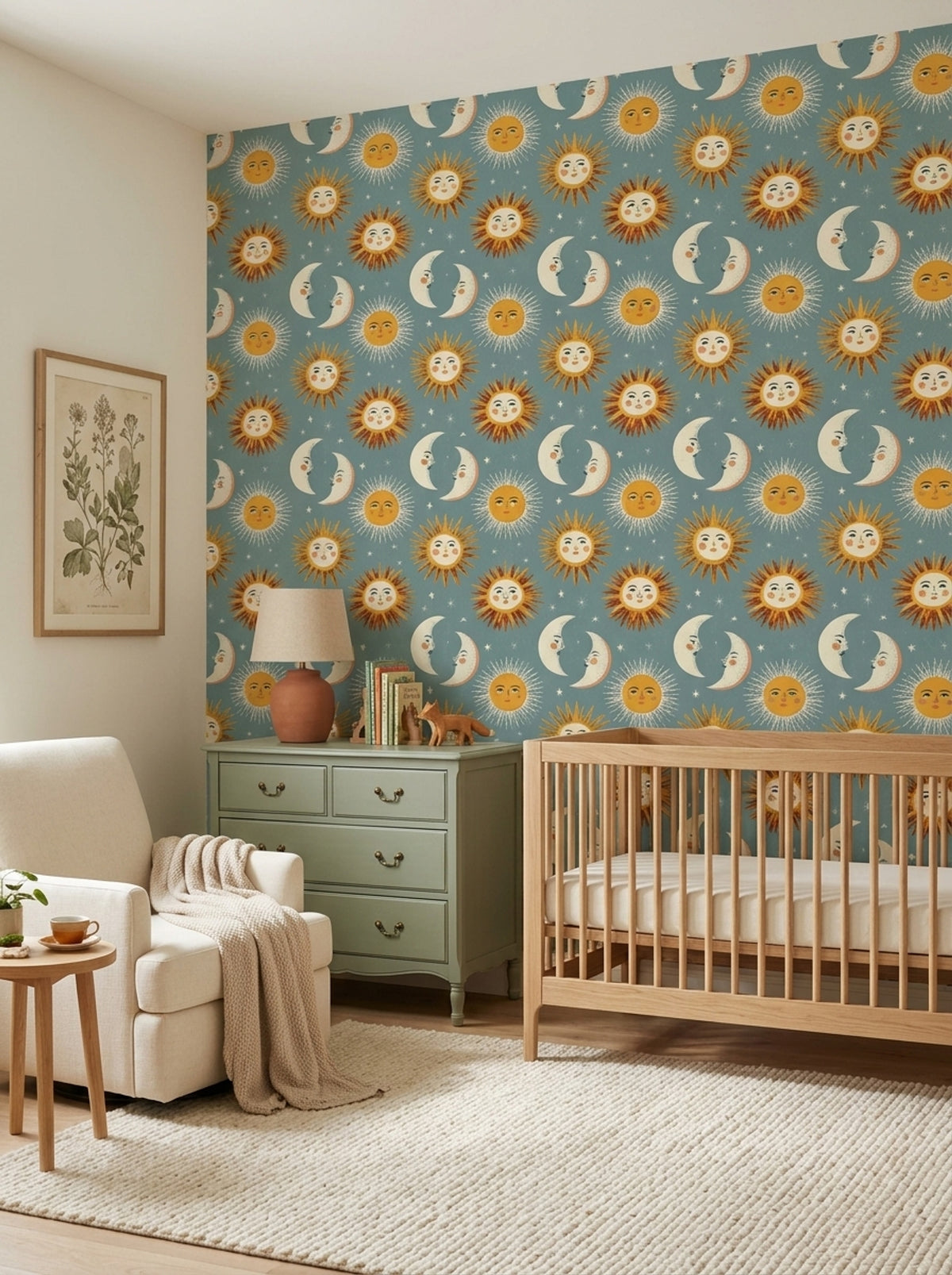 Sun and Moon Wallpaper Celestial Folk Art Pattern Whimsical Star Decor