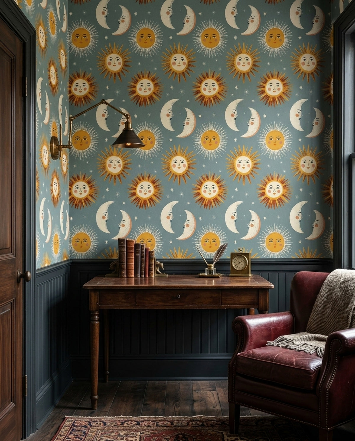 Sun and Moon Wallpaper Celestial Folk Art Pattern Whimsical Star Decor