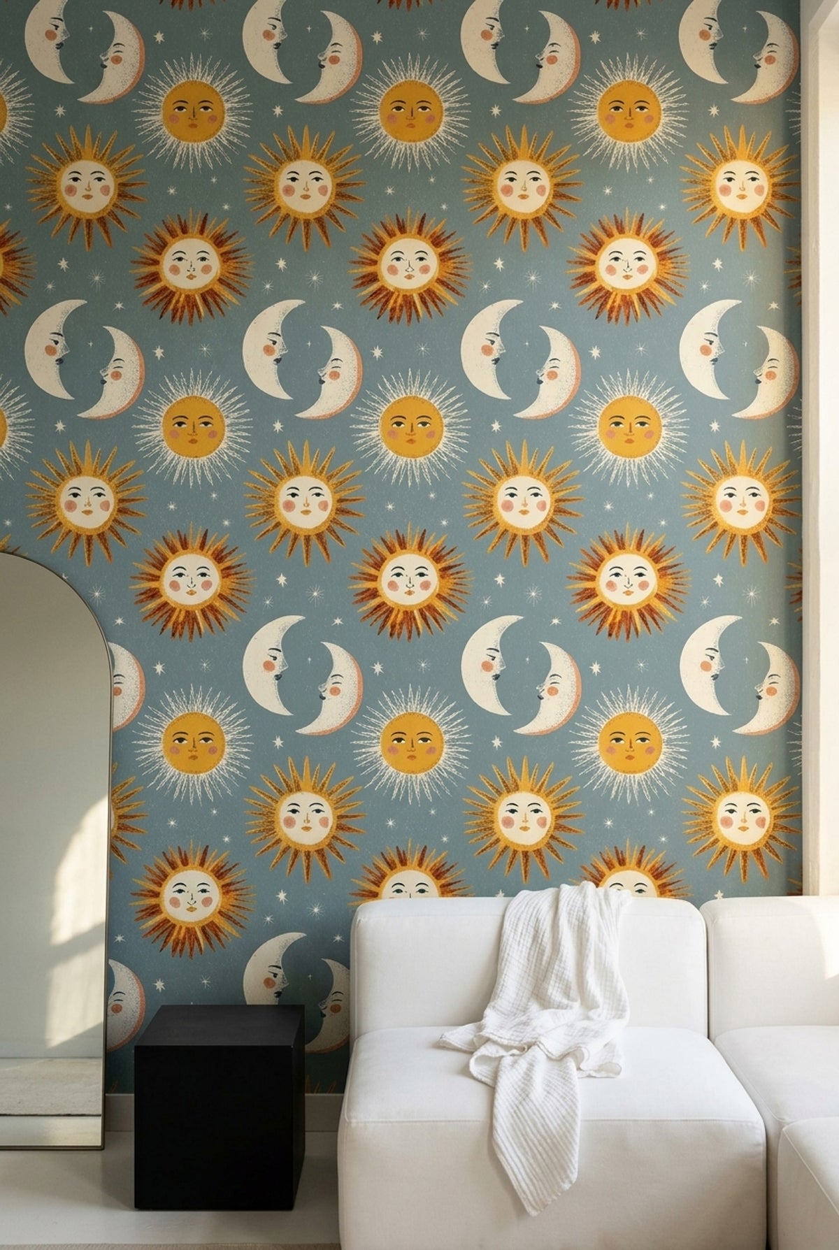 Sun and Moon Wallpaper Celestial Folk Art Pattern Whimsical Star Decor