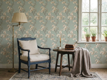 Blossom Branch Wallpaper Birds Sage Green Chinoiserie Pattern