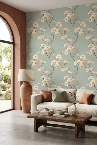 Blossom Branch Wallpaper Birds Sage Green Chinoiserie Pattern