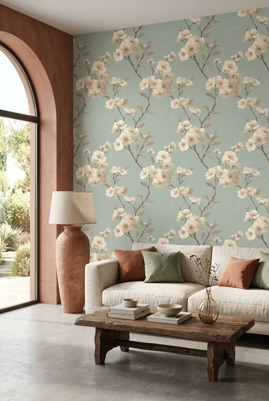 Blossom Branch Wallpaper Birds Sage Green Chinoiserie Pattern