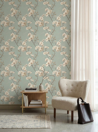 Blossom Branch Wallpaper Birds Sage Green Chinoiserie Pattern