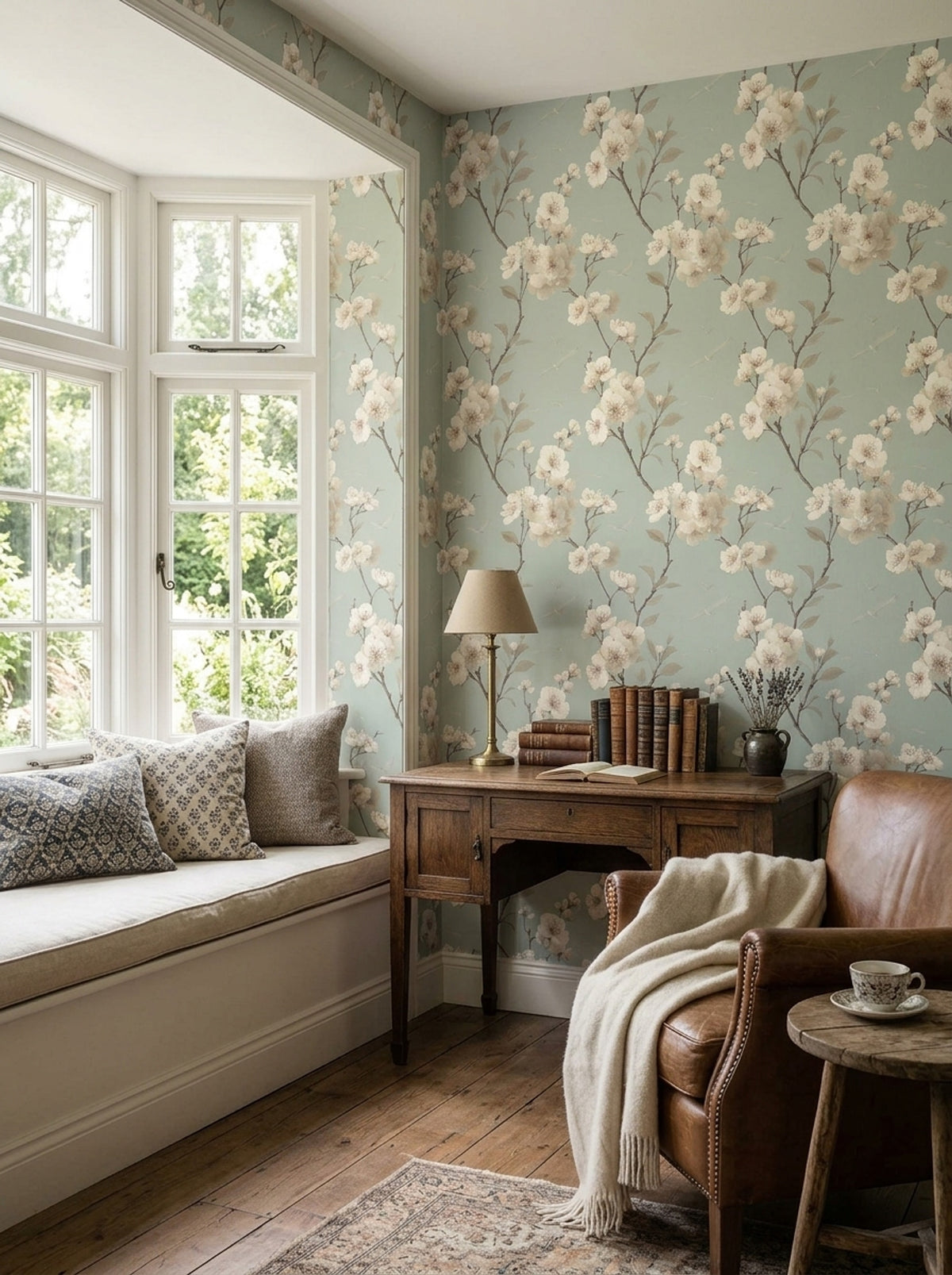 Blossom Branch Wallpaper Birds Sage Green Chinoiserie Pattern