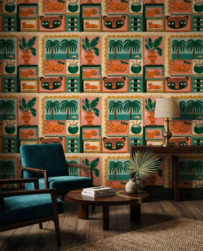 Tropical Folk Art Wallpaper Playful Jungle Collage Pattern