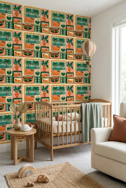 Tropical Folk Art Wallpaper Playful Jungle Collage Pattern