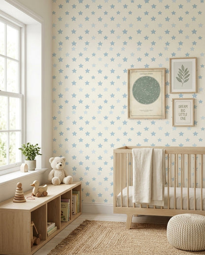 Powder Blue Star Nursery Wallpaper on Warm Ivory
