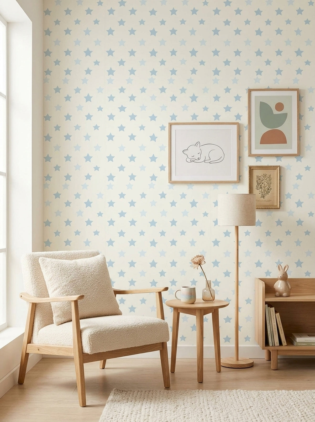 Powder Blue Star Nursery Wallpaper on Warm Ivory