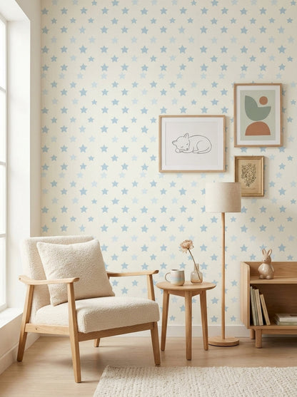 Powder Blue Star Nursery Wallpaper on Warm Ivory