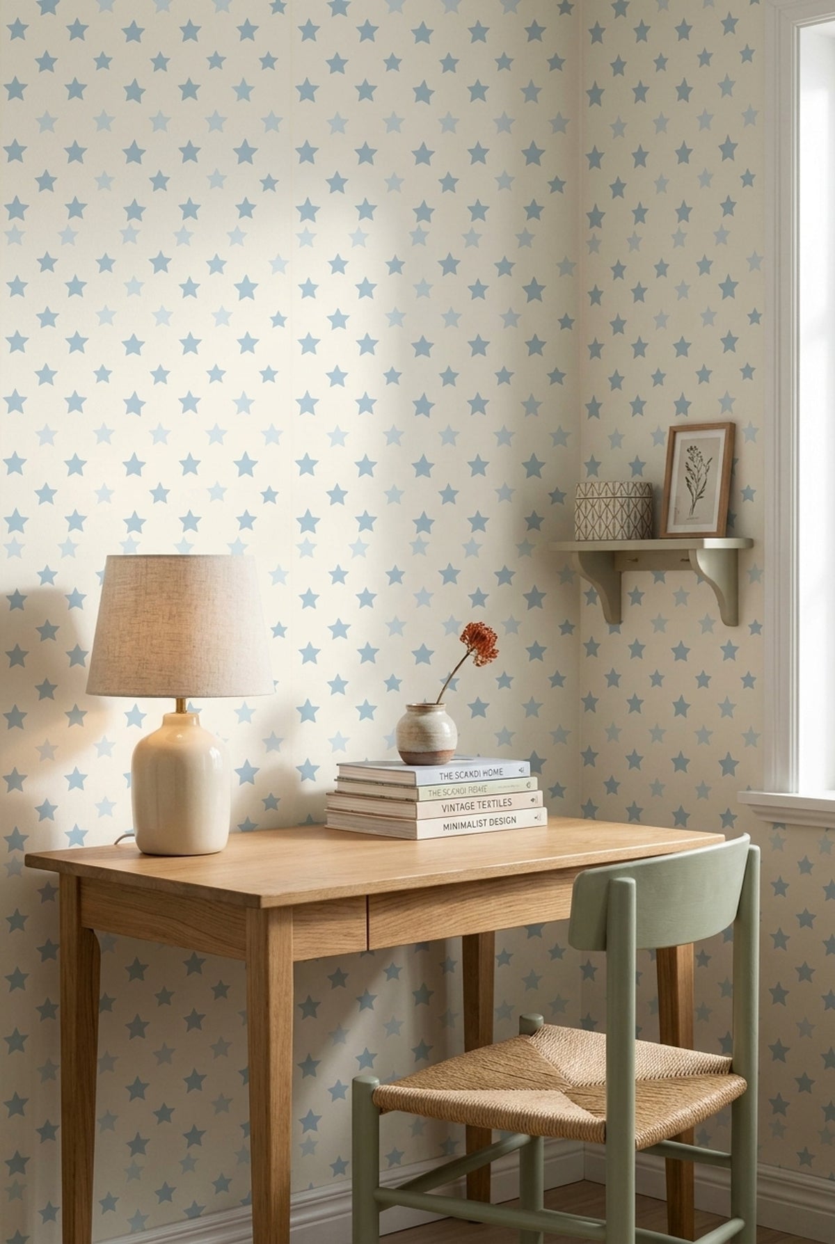Powder Blue Star Nursery Wallpaper on Warm Ivory