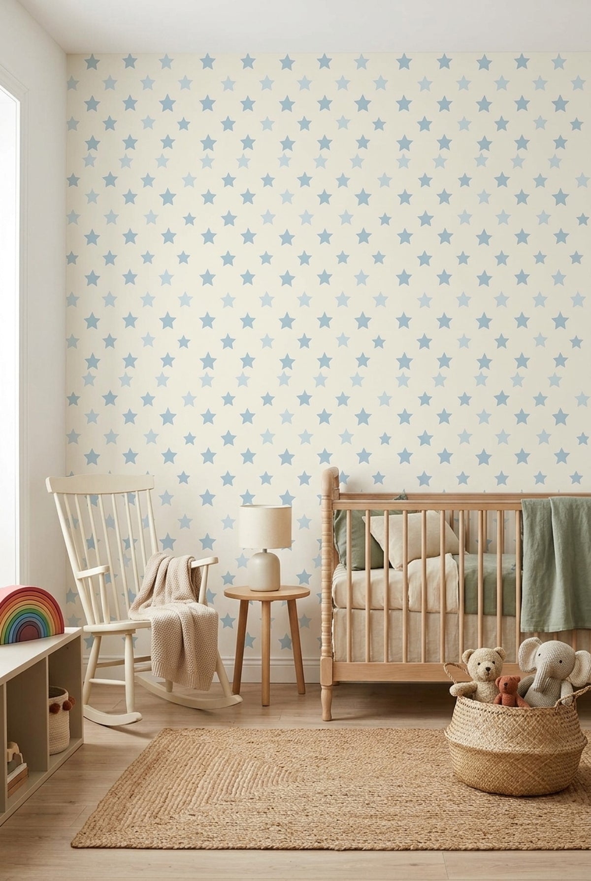 Powder Blue Star Nursery Wallpaper on Warm Ivory