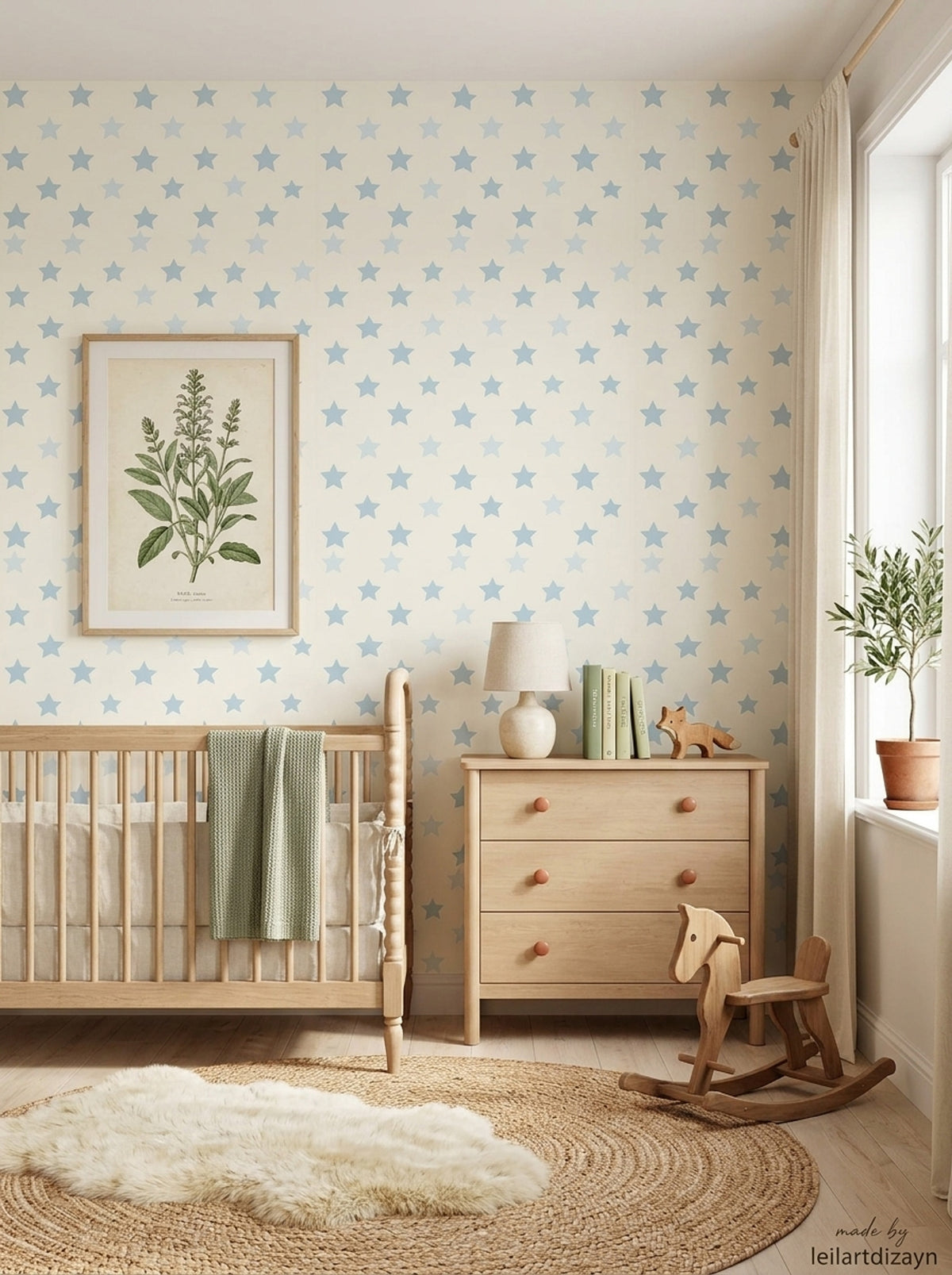 Powder Blue Star Nursery Wallpaper on Warm Ivory