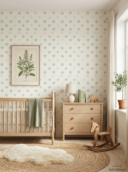 Powder Blue Star Nursery Wallpaper on Warm Ivory