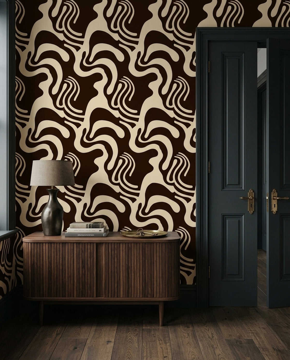 Retro Wavy Wallpaper in Chocolate Brown and Cream