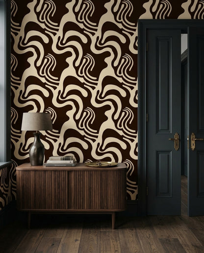 Retro Wavy Wallpaper in Chocolate Brown and Cream