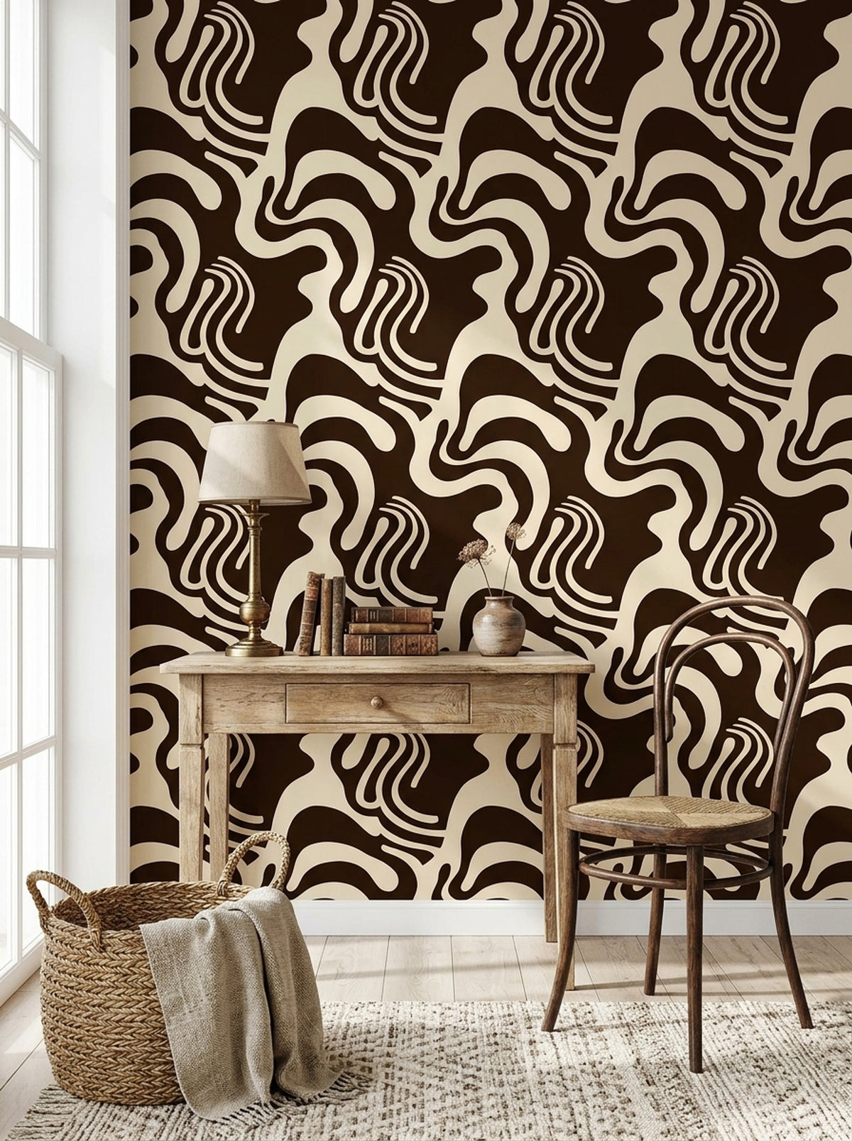 Retro Wavy Wallpaper in Chocolate Brown and Cream