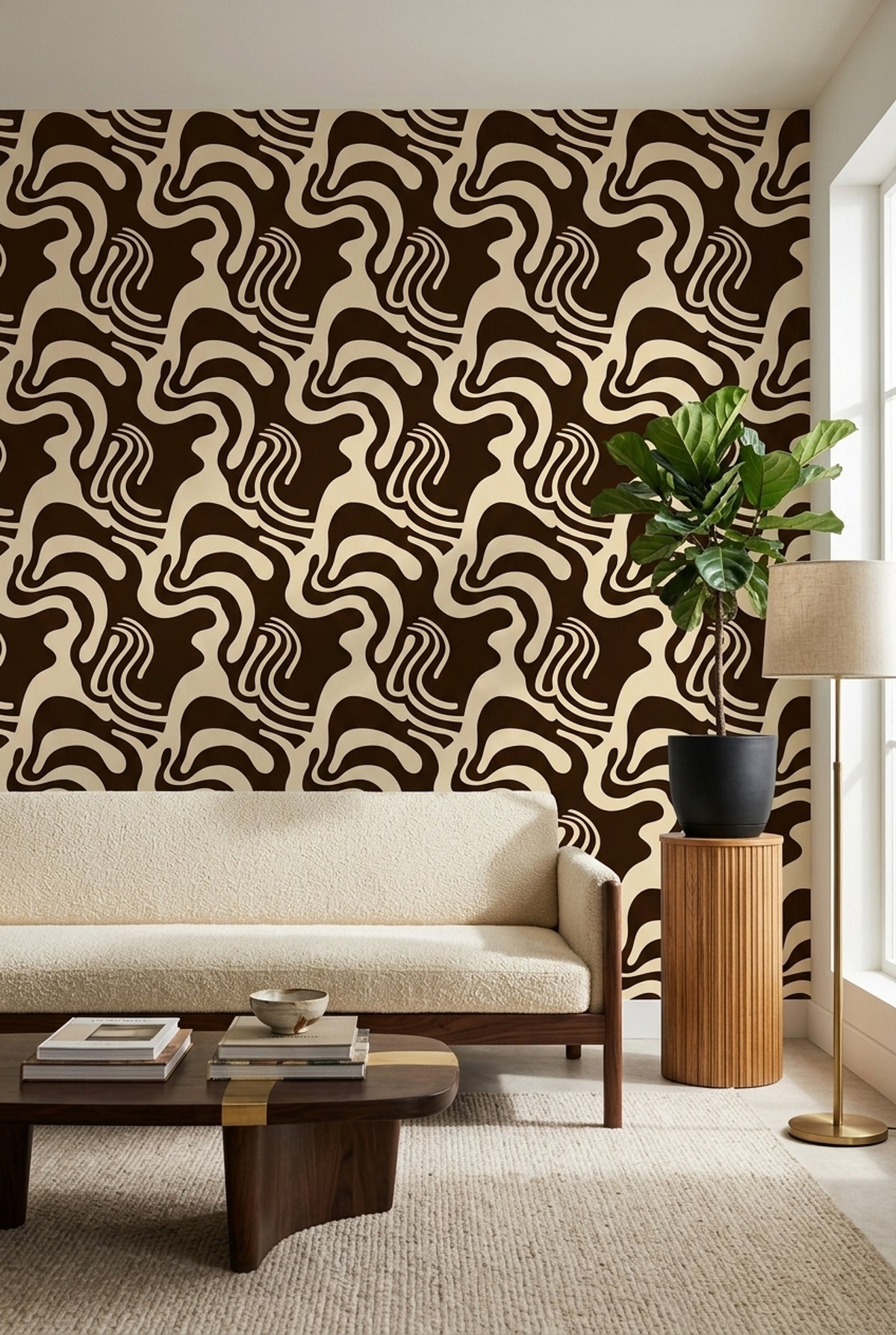 Retro Wavy Wallpaper in Chocolate Brown and Cream