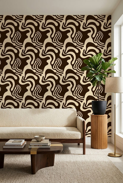Retro Wavy Wallpaper in Chocolate Brown and Cream