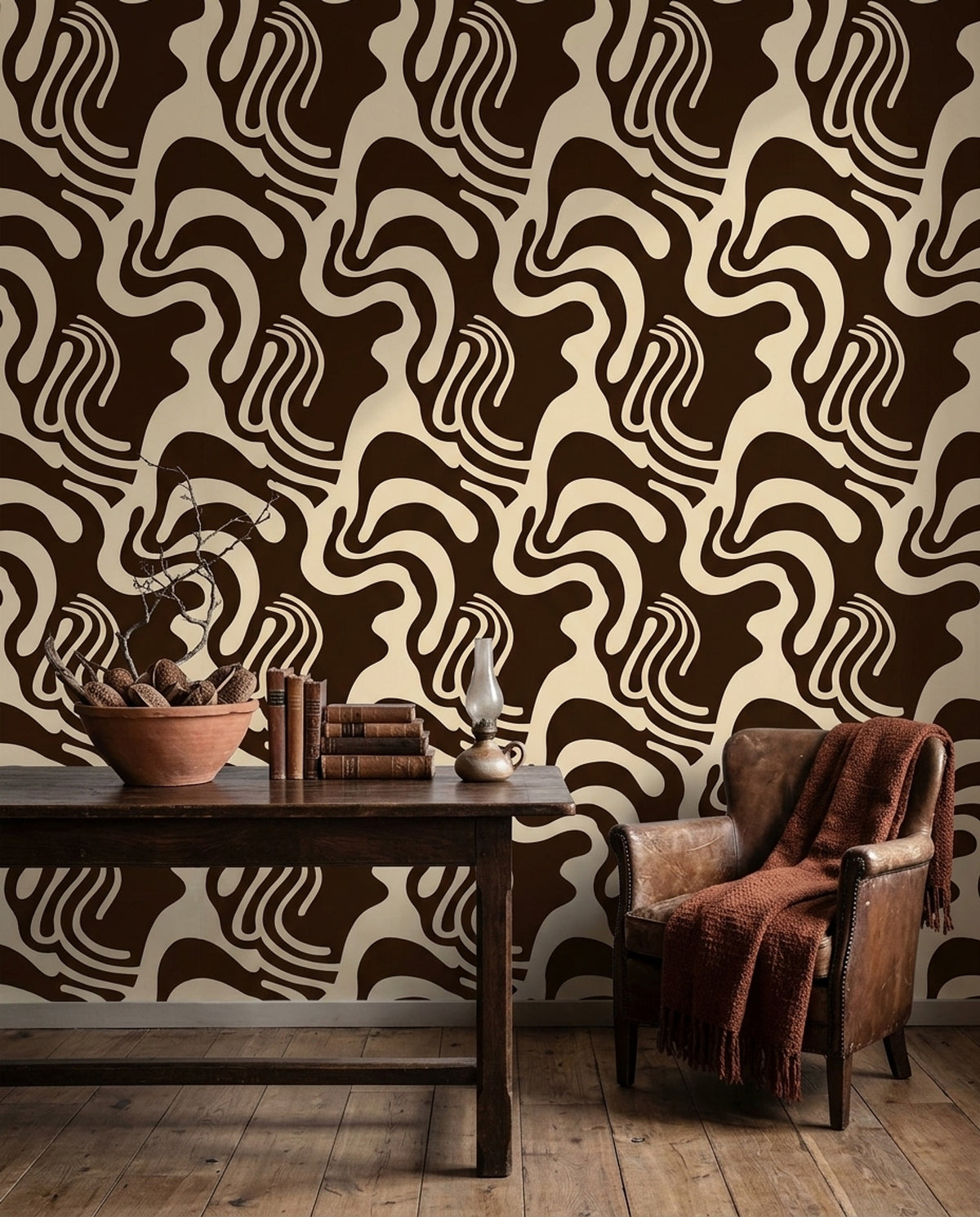 Retro Wavy Wallpaper in Chocolate Brown and Cream