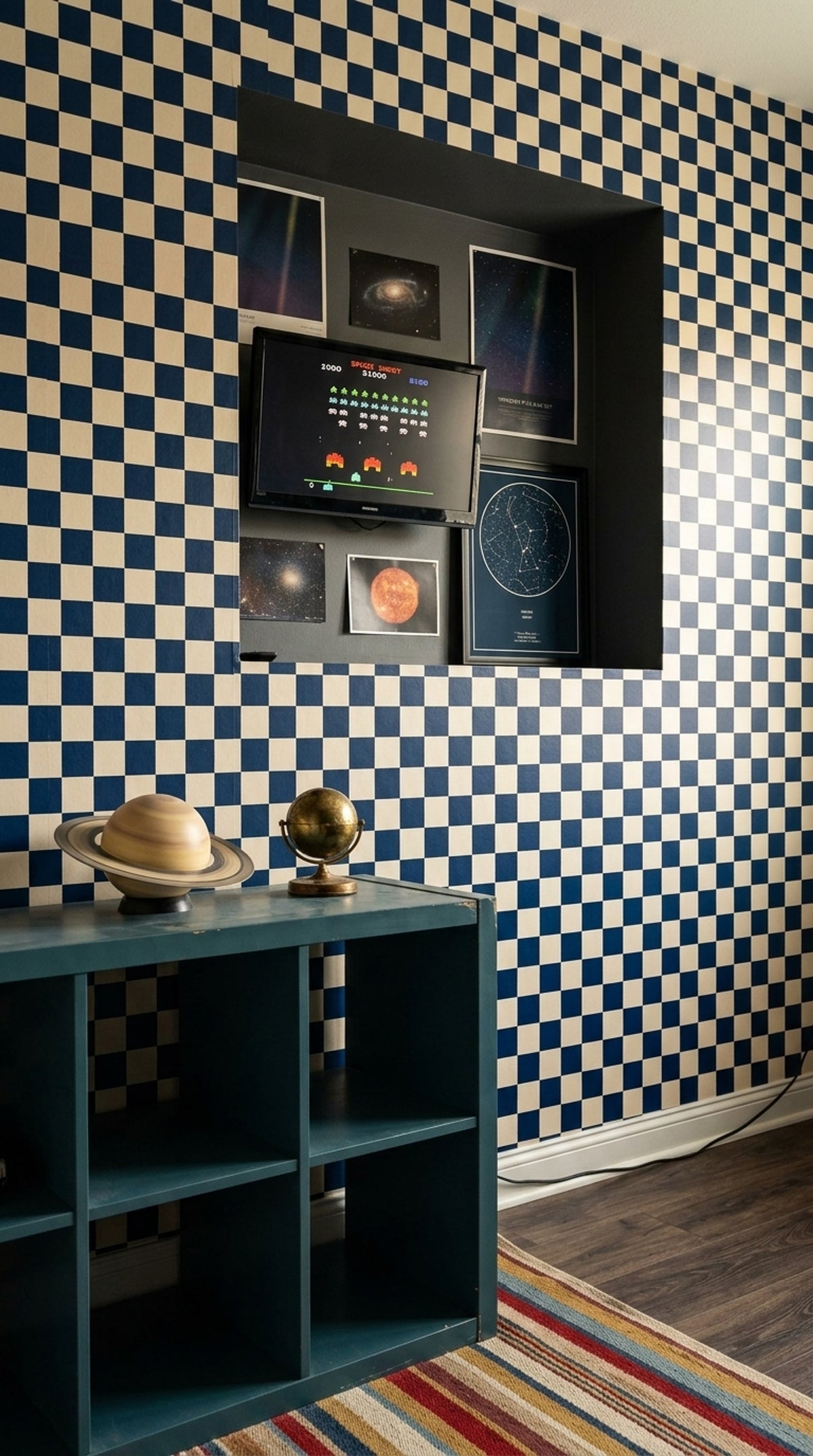 Navy Checkerboard Wallpaper Blue Cream Modern Check Pattern