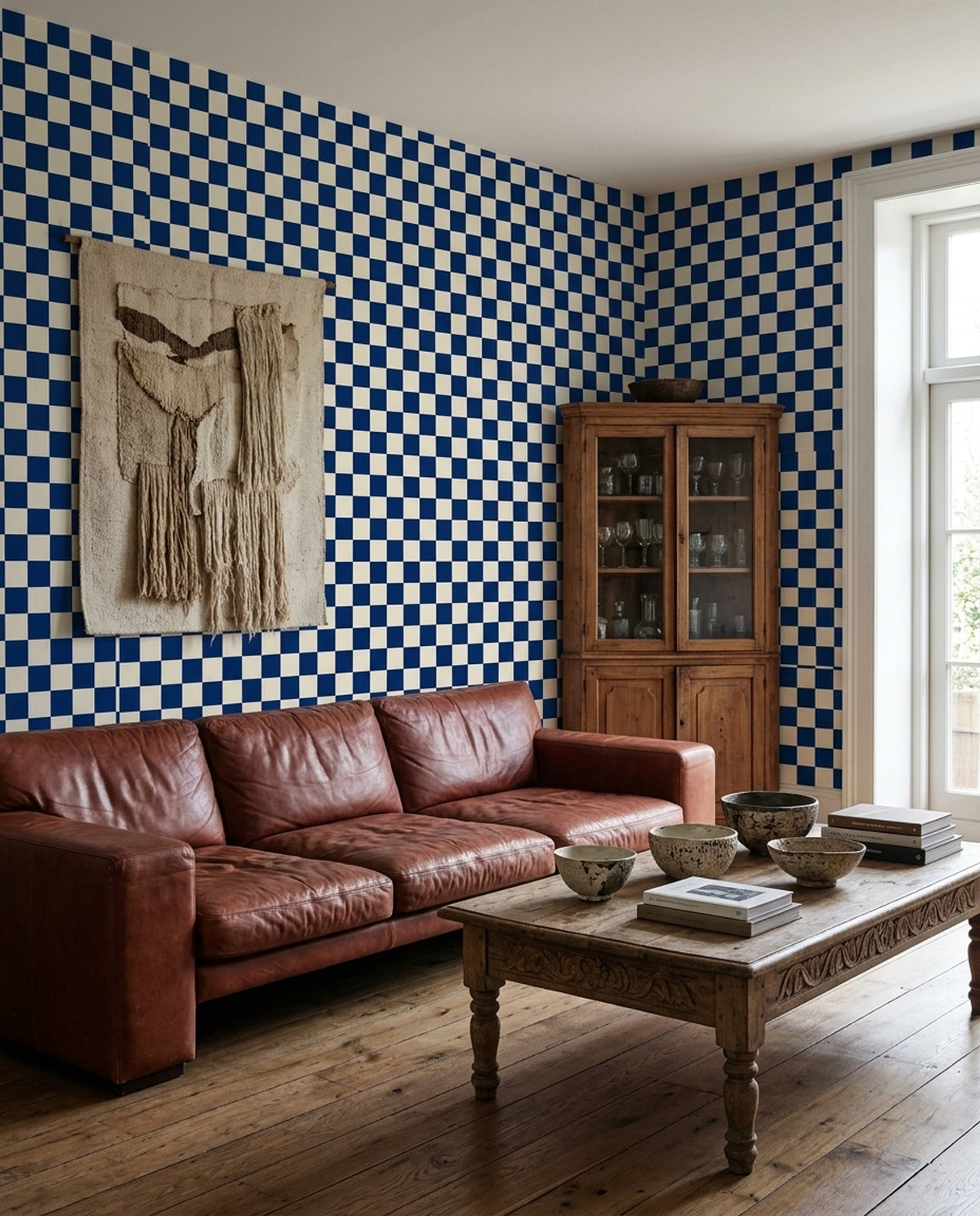 Navy Checkerboard Wallpaper Blue Cream Modern Check Pattern
