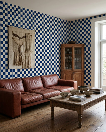 Navy Checkerboard Wallpaper Blue Cream Modern Check Pattern