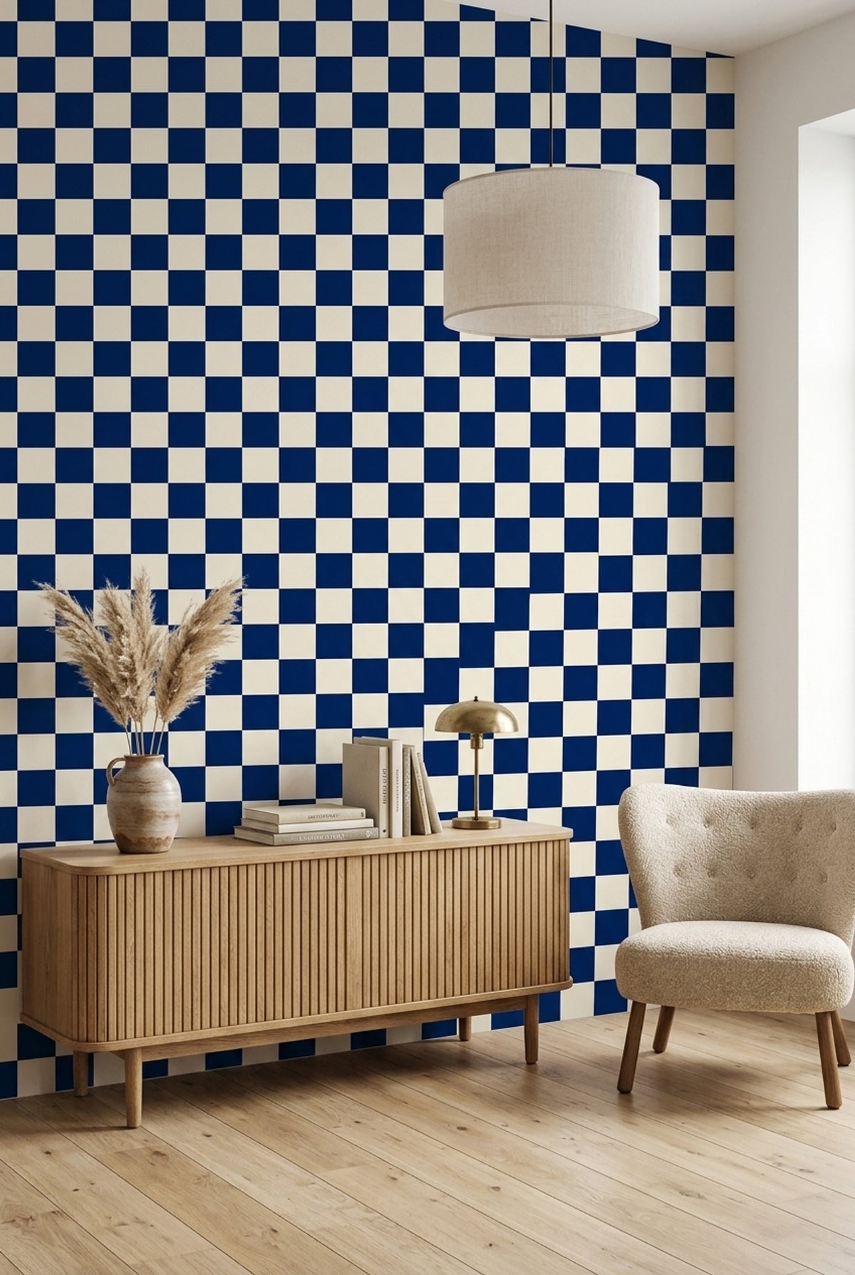Navy Checkerboard Wallpaper Blue Cream Modern Check Pattern