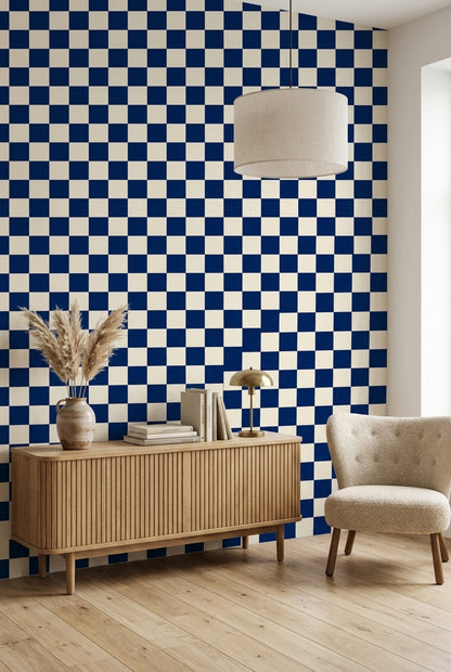 Navy Checkerboard Wallpaper Blue Cream Modern Check Pattern