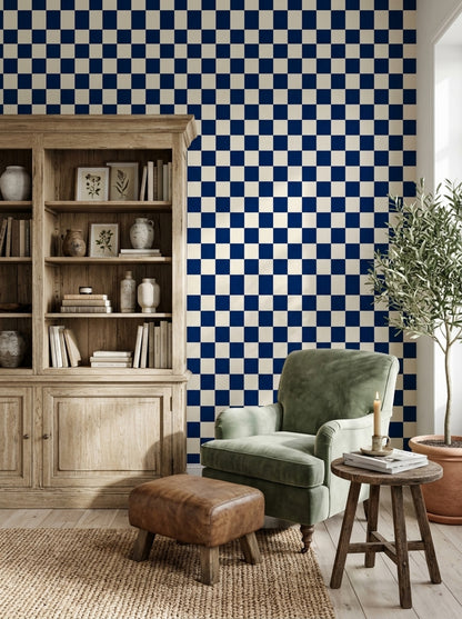 Navy Checkerboard Wallpaper Blue Cream Modern Check Pattern