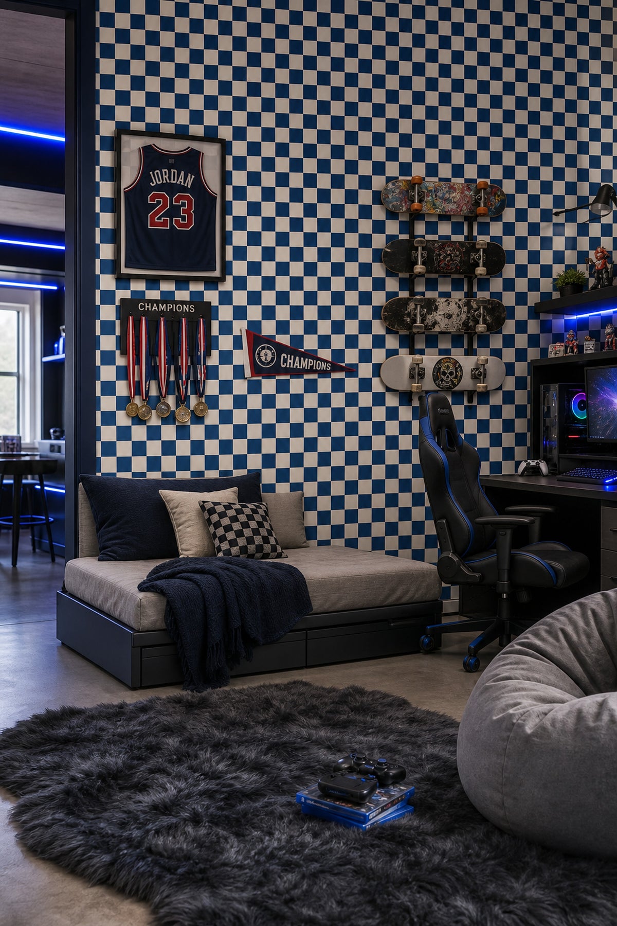 Navy Checkerboard Wallpaper Blue Cream Modern Check Pattern